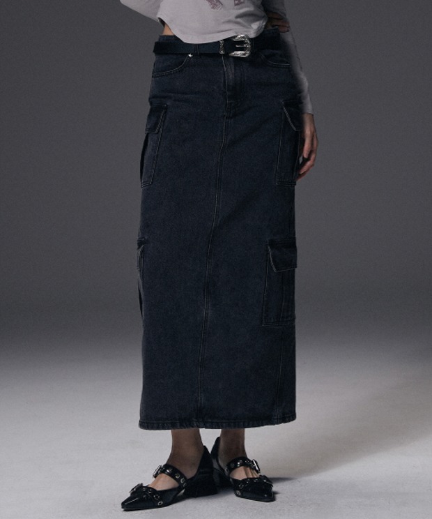 낫포너드 W Denim Cargo Long Skirt (Black)